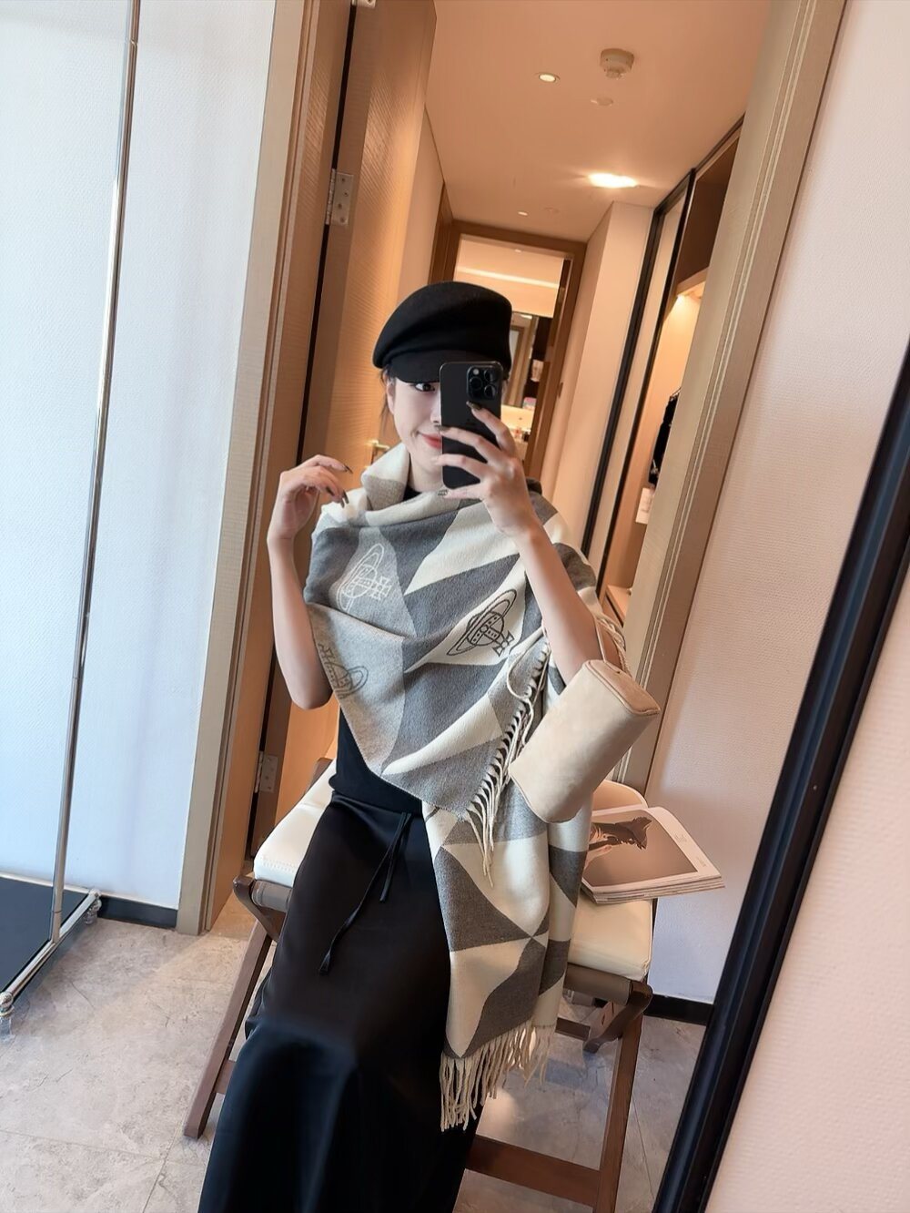 Vivienne Westwood Geometric Orb Fringe Scarf — model