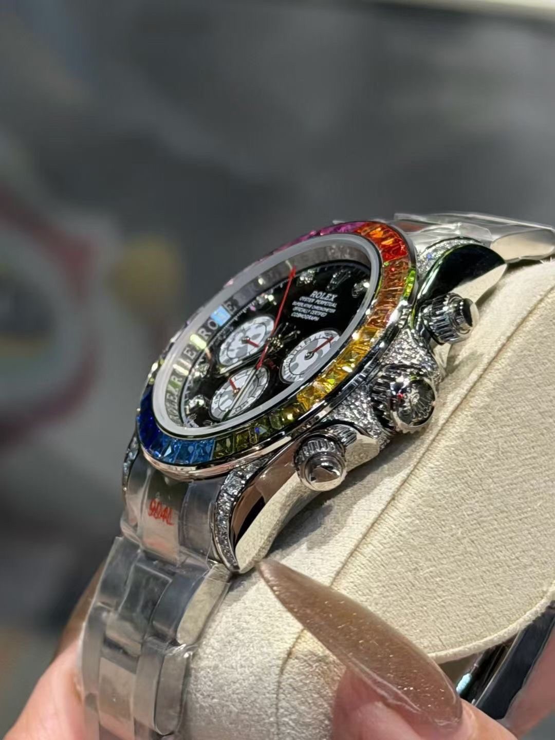 Rolex Rainbow Bezel Black Dial Watch — side